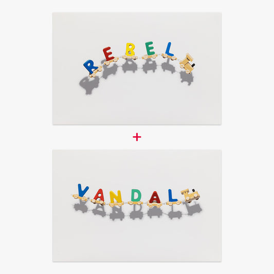Toy Train Pair by Nuno Viegas featuring Rebel and Vandal editions, colorful acrylic letter artworks inspired by toy train typography on white background, limited edition canvas artworks, 2025