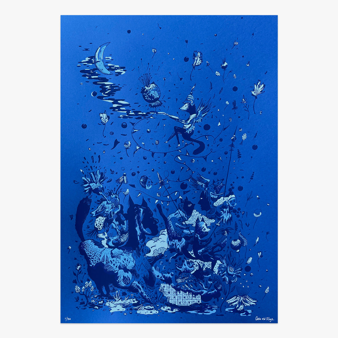 The Jaunt 10 Year Anniversary limited edition three-colour screen print on paper by Collin van der Sluijs, blue underwater scene with fish and marine life, Underdogs Gallery Lisbon, 2013