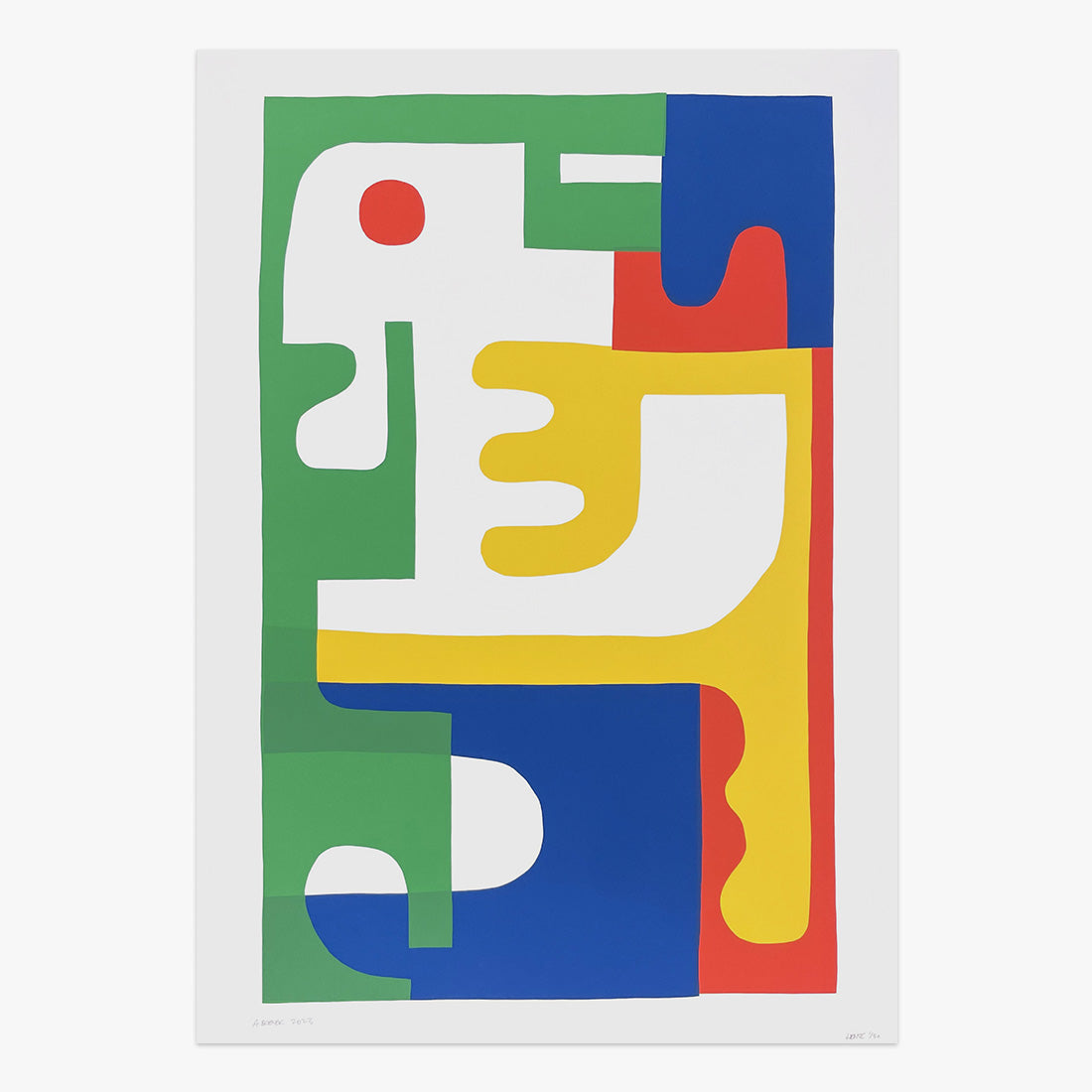 The Jaunt 10 Year Anniversary limited edition four-colour screen print on paper by Hense, abstract geometric composition in bold primary colors, Underdogs Gallery Lisbon, 2019