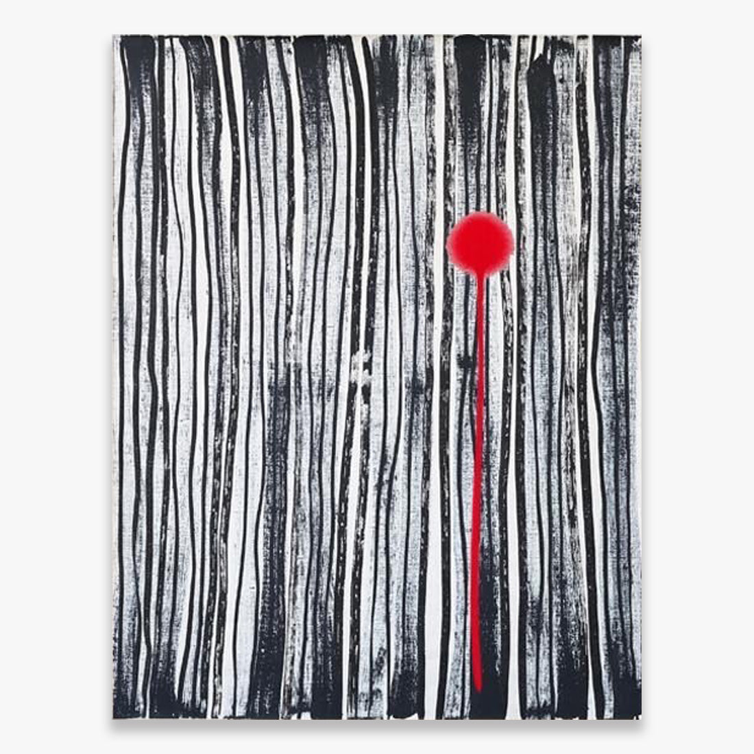 ZEVS Oedipus painting featuring vertical black abstract lines with a single red circular form and dripping detail on a dark background