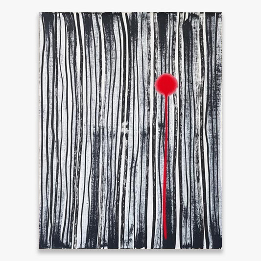 ZEVS Oedipus painting featuring vertical black abstract lines with a single red circular form and dripping detail on a dark background