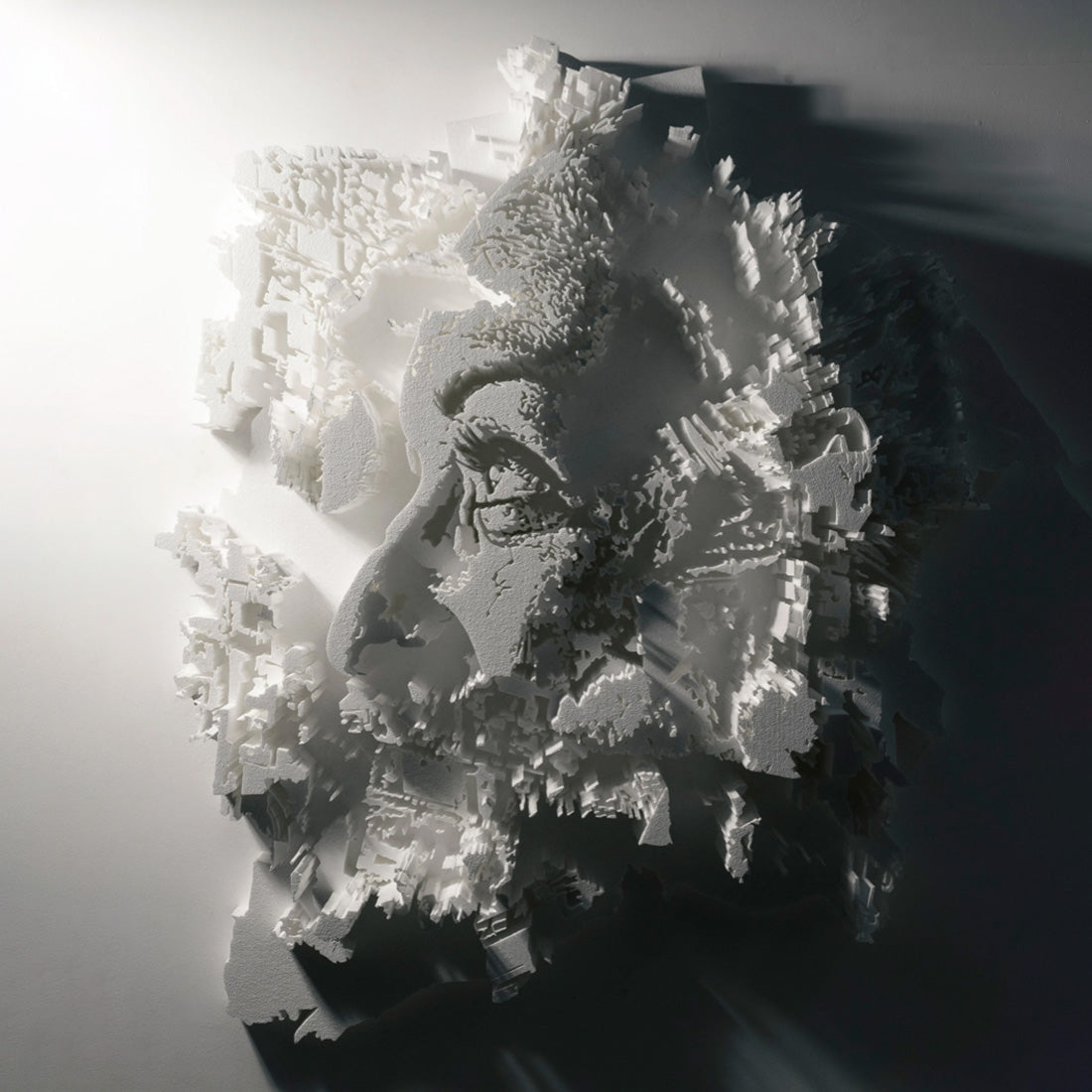 Penumbra Series #2 by Vhils – handcrafted styrofoam portrait sculpture cut with hot-wire and assembled by hand, unique contemporary artwork, 2018, Underdogs Gallery