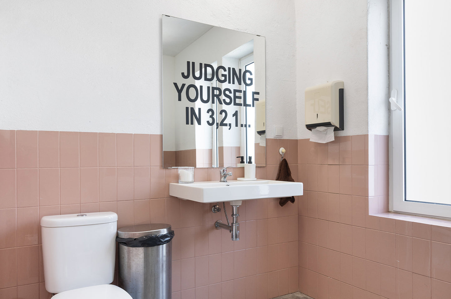 The Countdown by Octavi Serra mirror artwork installed in contemporary bathroom interior