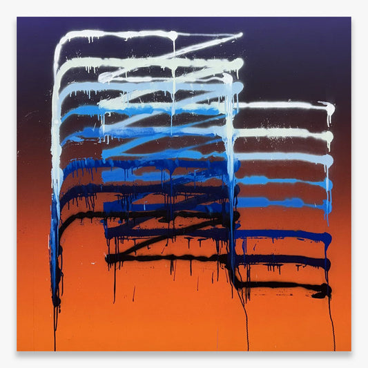 Jason REVOK Instrument_exc(Frame_Drag)_2_5/25_Blu/Or/Vio abstract canvas painting in blue, orange, and black