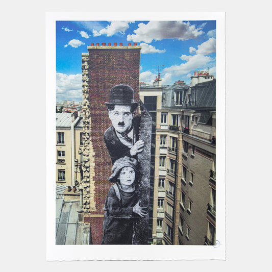 Unframed, Charlie Chaplin revu par JR, The Kid, Charlie Chaplin & Jackie Coogan, USA, 1923, de jour Paris