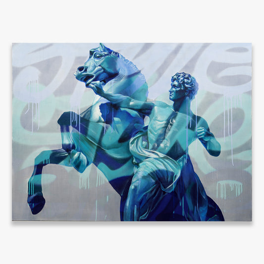 PichiAvo Alexander and Bucephalus Lefkos painting featuring a blue-toned classical figure and horse with layered graffiti-inspired elements