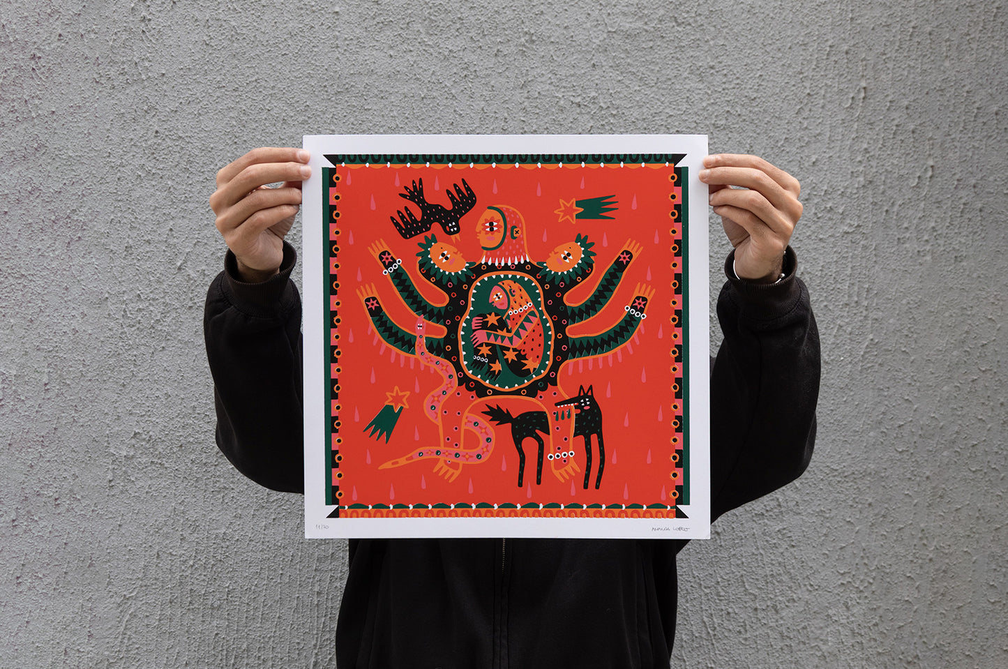 Casca artwork by Amanda Lobos scale view held by person Underdogs Gallery limited edition print