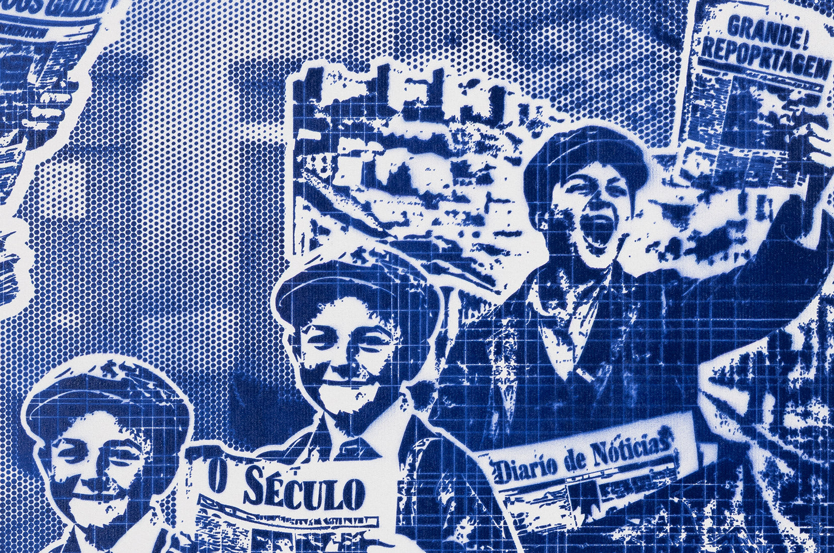 Detail of Ardina limited edition stencil print by BIGOD with layered newspaper composition
