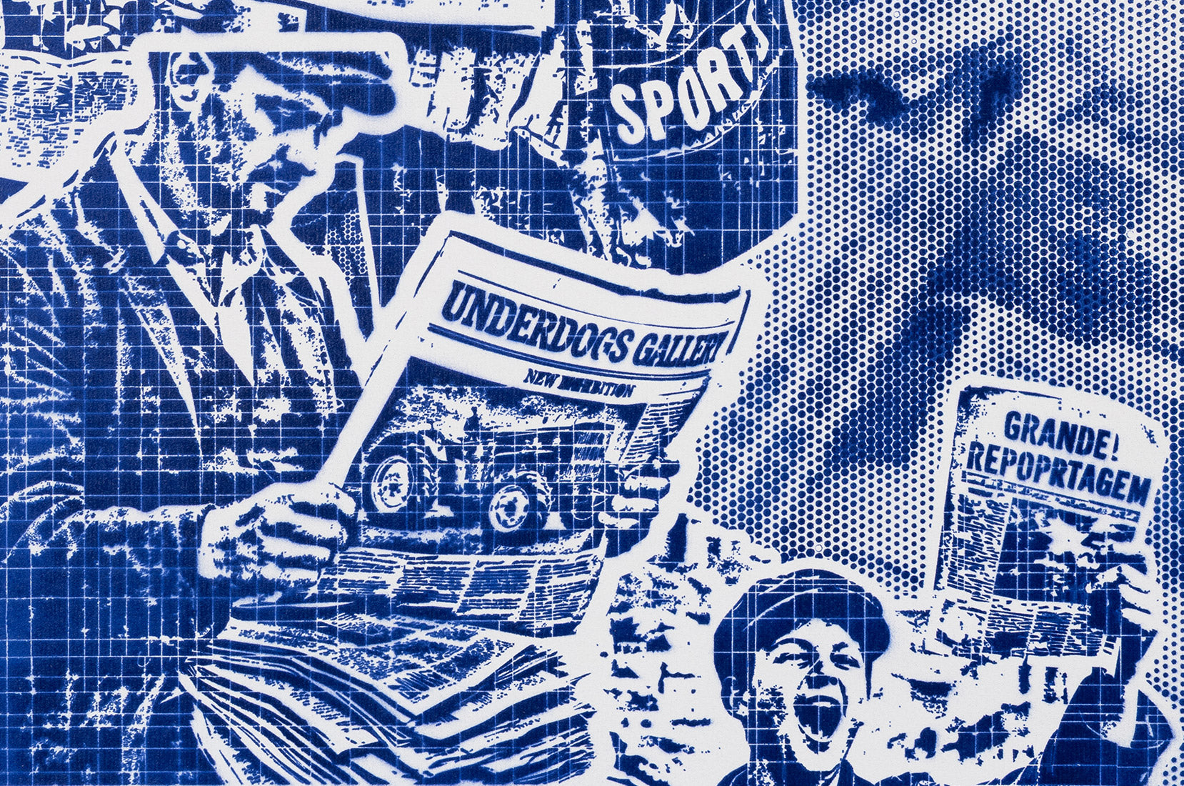 Detail of Ardina stencil print by BIGOD showing newspaper and graphic illustration elements