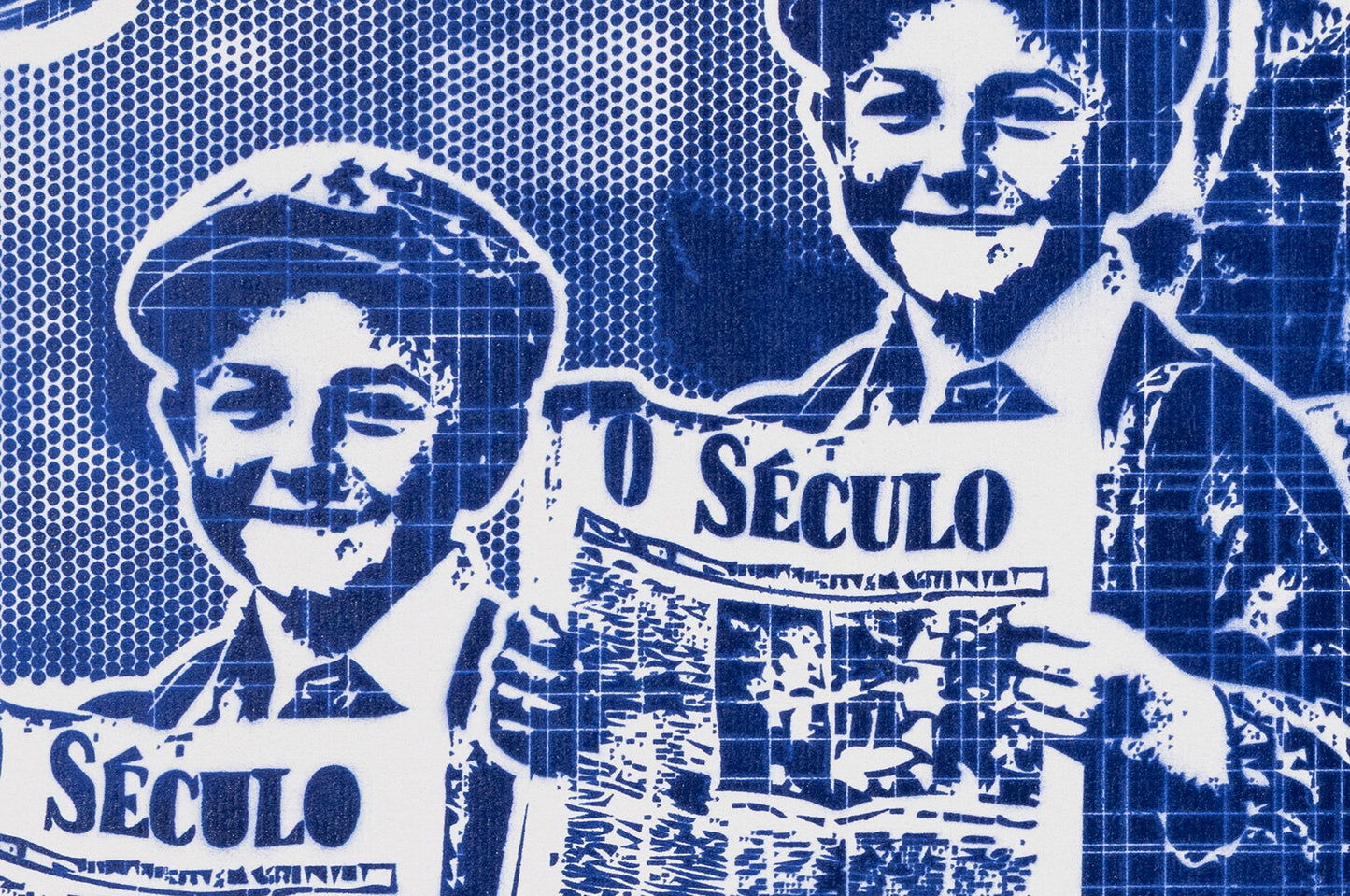 Close-up of Ardina by BIGOD featuring newspaper vendor portrait in blue stencil print