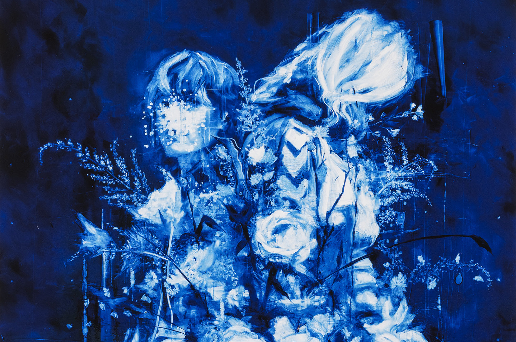 Detail of Les Combattantes giclée print by Corentin Spear showing expressive floral elements