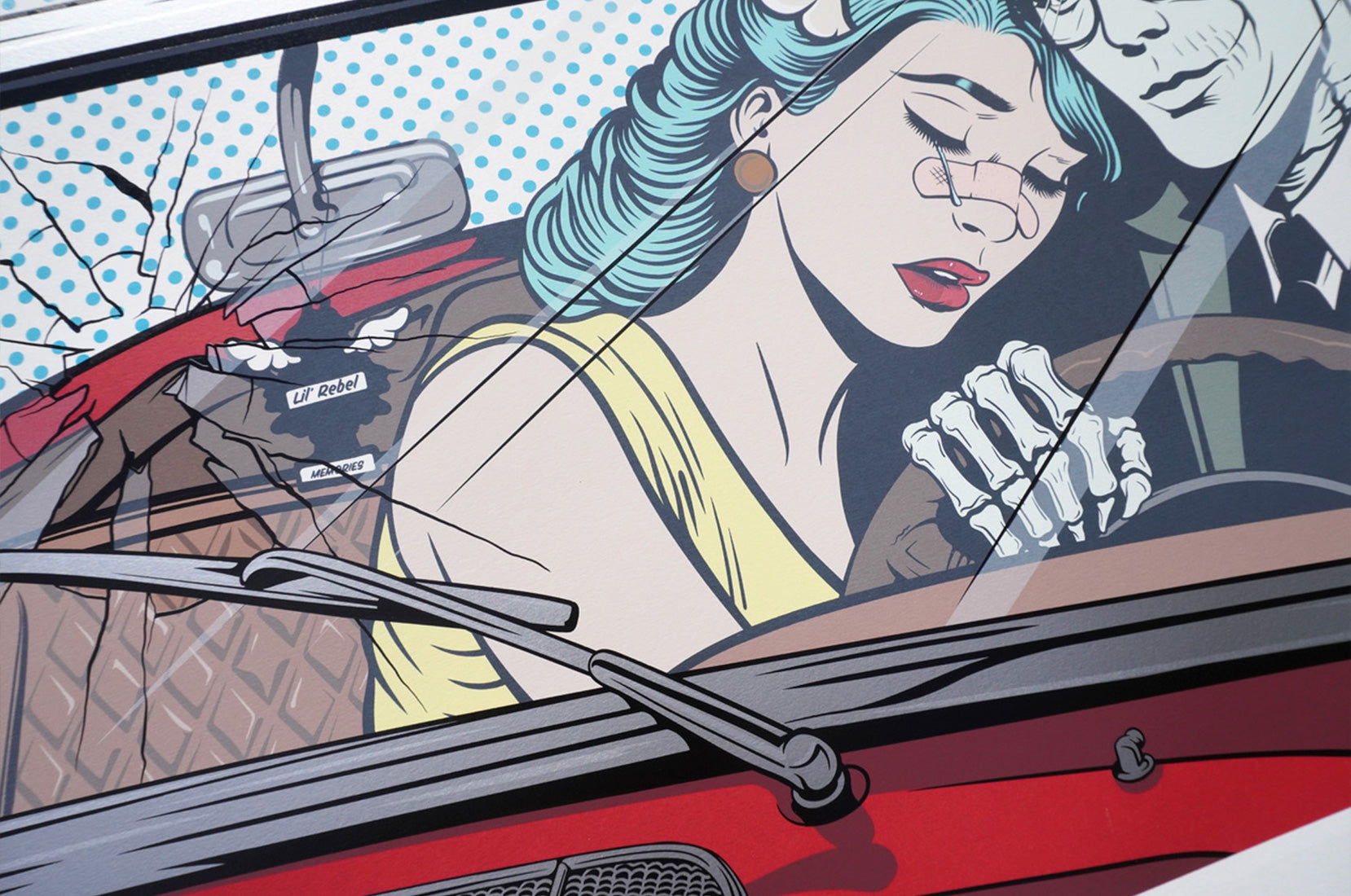 Heartbreak Highway screen print detail, close-up of couple in car, limited edition artwork