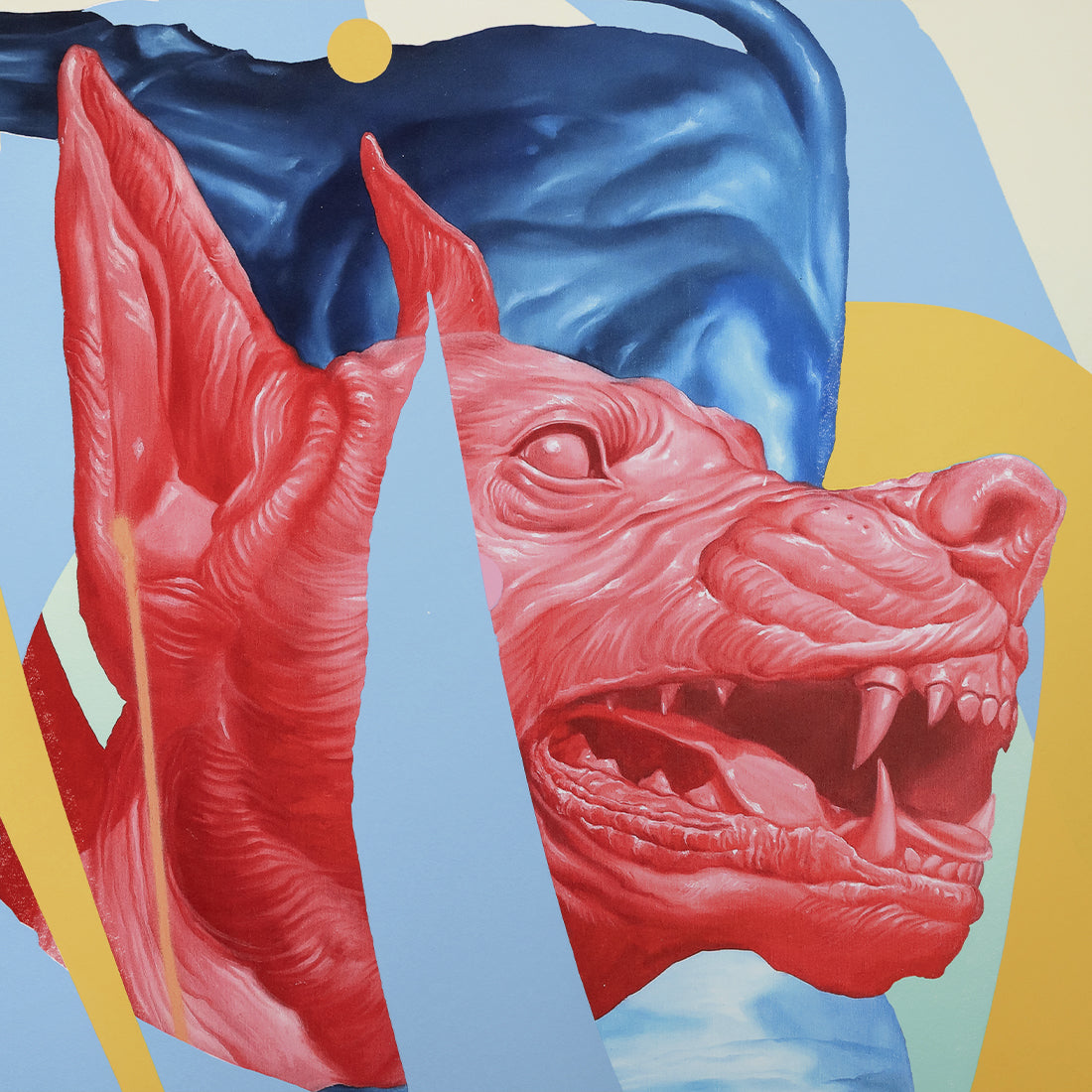 Close-up detail of “Blue Bull” by Joram Roukes showing the red bull and blue geometric forms