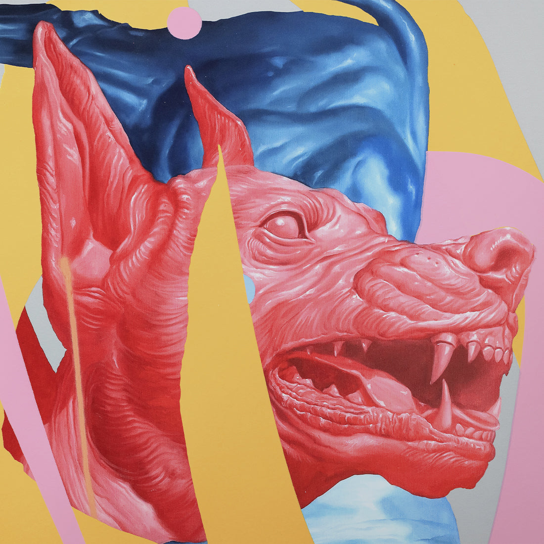 Close-up detail of “Blue Bull” by Joram Roukes showing the red bull, blue elephant and yellow shapes