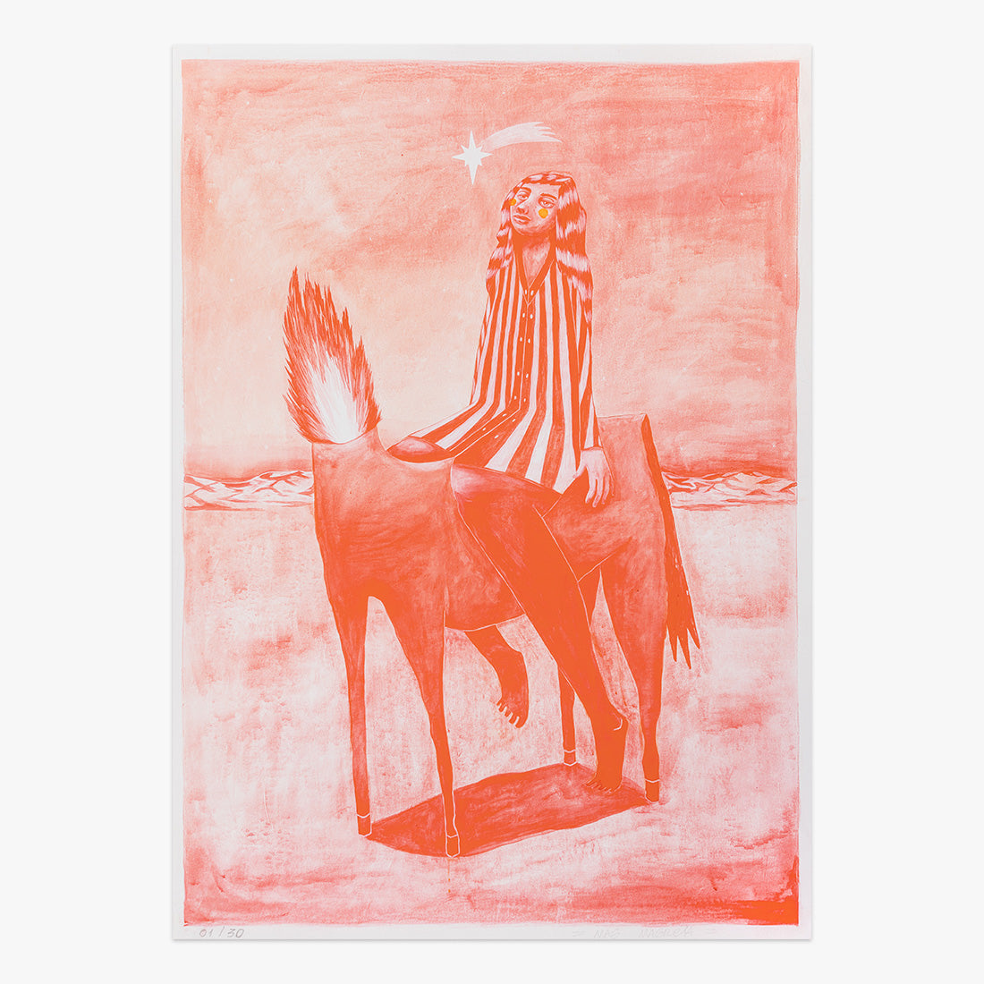 Guerreio, é no lombo do meu cavalo by Mag Magrela – red giclée print of stylised horse and rider figure