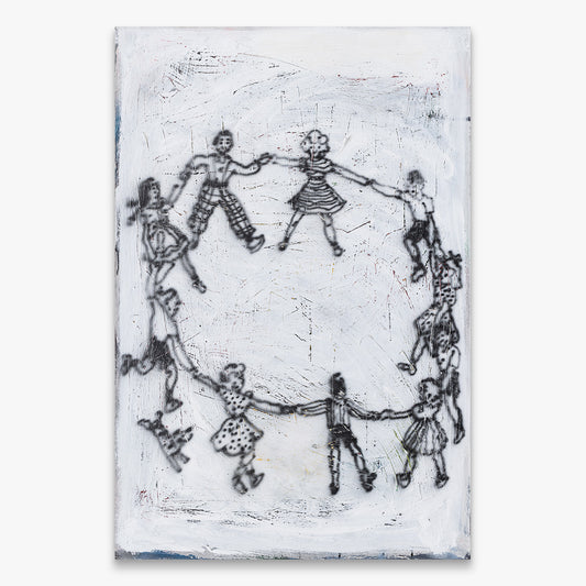 Ricardo Passaporte “Kids” painting, children holding hands in a circle, black line figures on white canvas, spray paint and acrylic, 2025