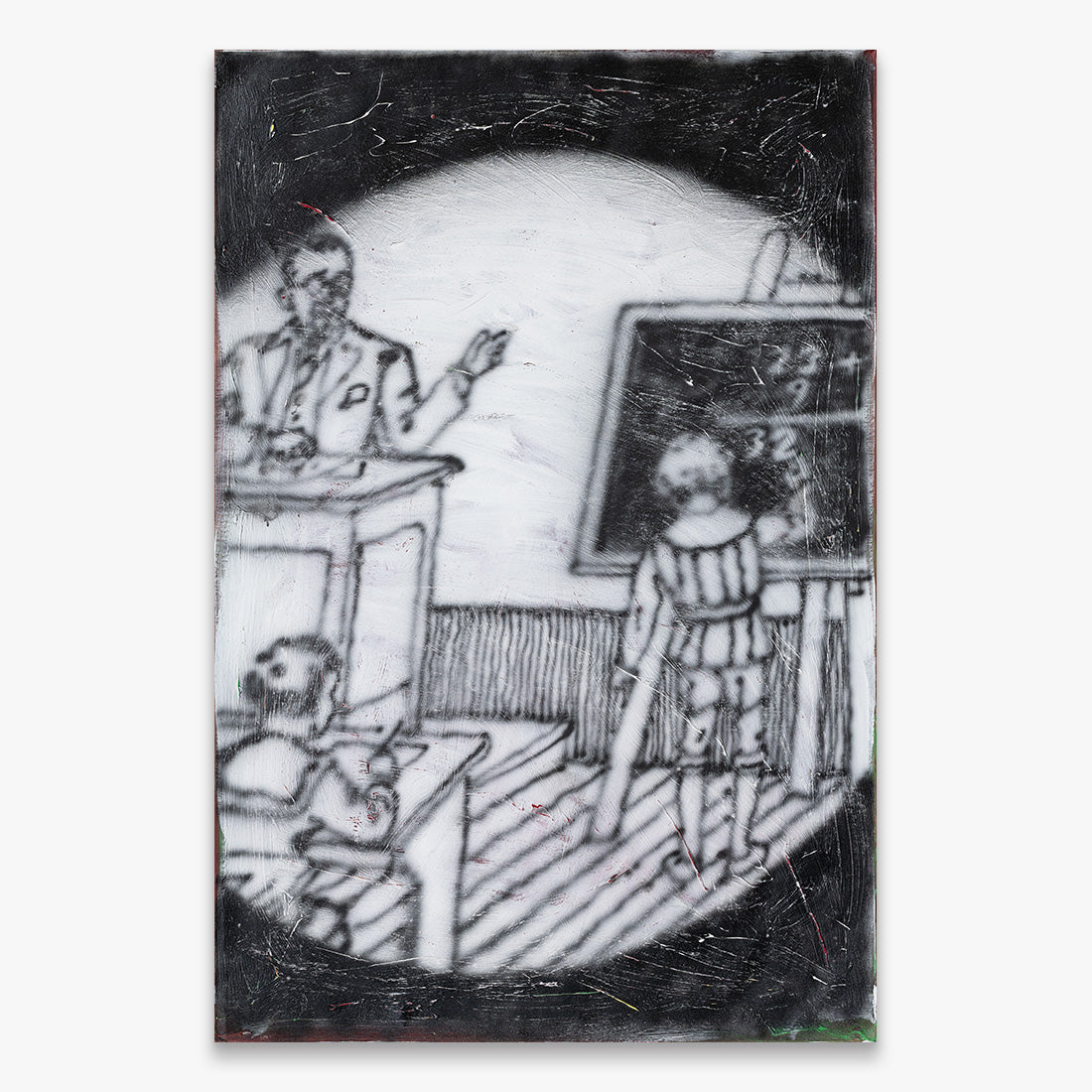 Ricardo Passaporte “Kids at School” figurative painting, monochrome classroom scene with teacher and children, spray paint and acrylic on canvas, 2025