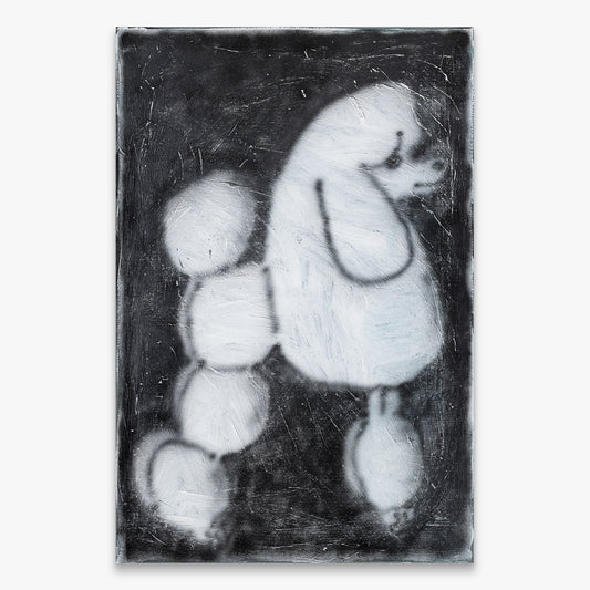 Ricardo Passaporte “Small Poodle” painting, monochrome stylized white poodle on dark background, spray paint and acrylic on canvas, 2025