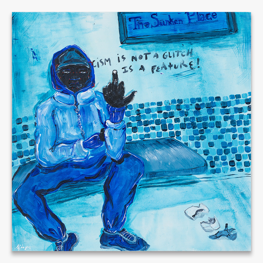 Sara Fonseca da Graça “F*** the algorithm knows im black #IYKYK #LWB” painting, figure in blue tones sitting with text on wall, acrylic and mixed media on canvas, 2026