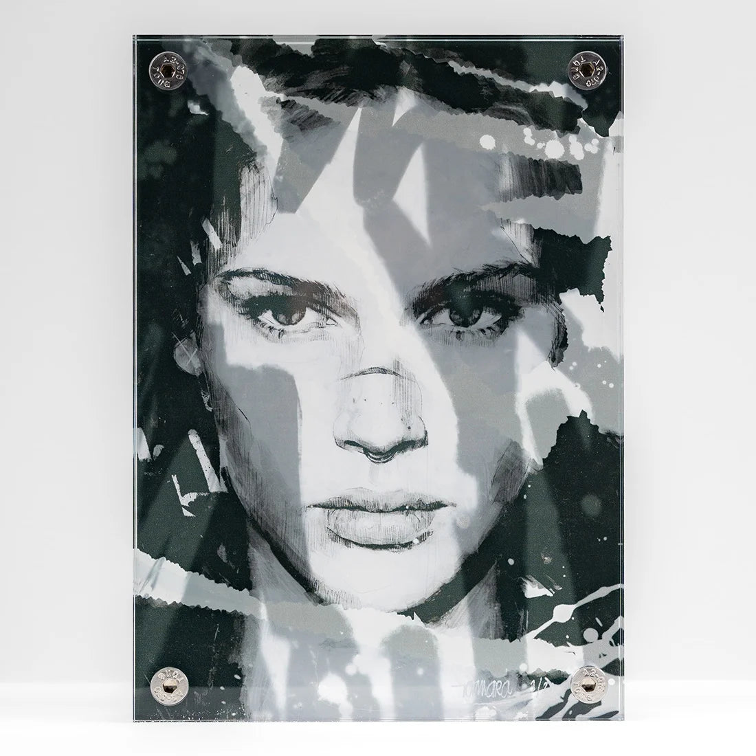 Tamara Alves “Restless” acrylic edition, black-and-white female portrait on acrylic block, hand-finished, 2026