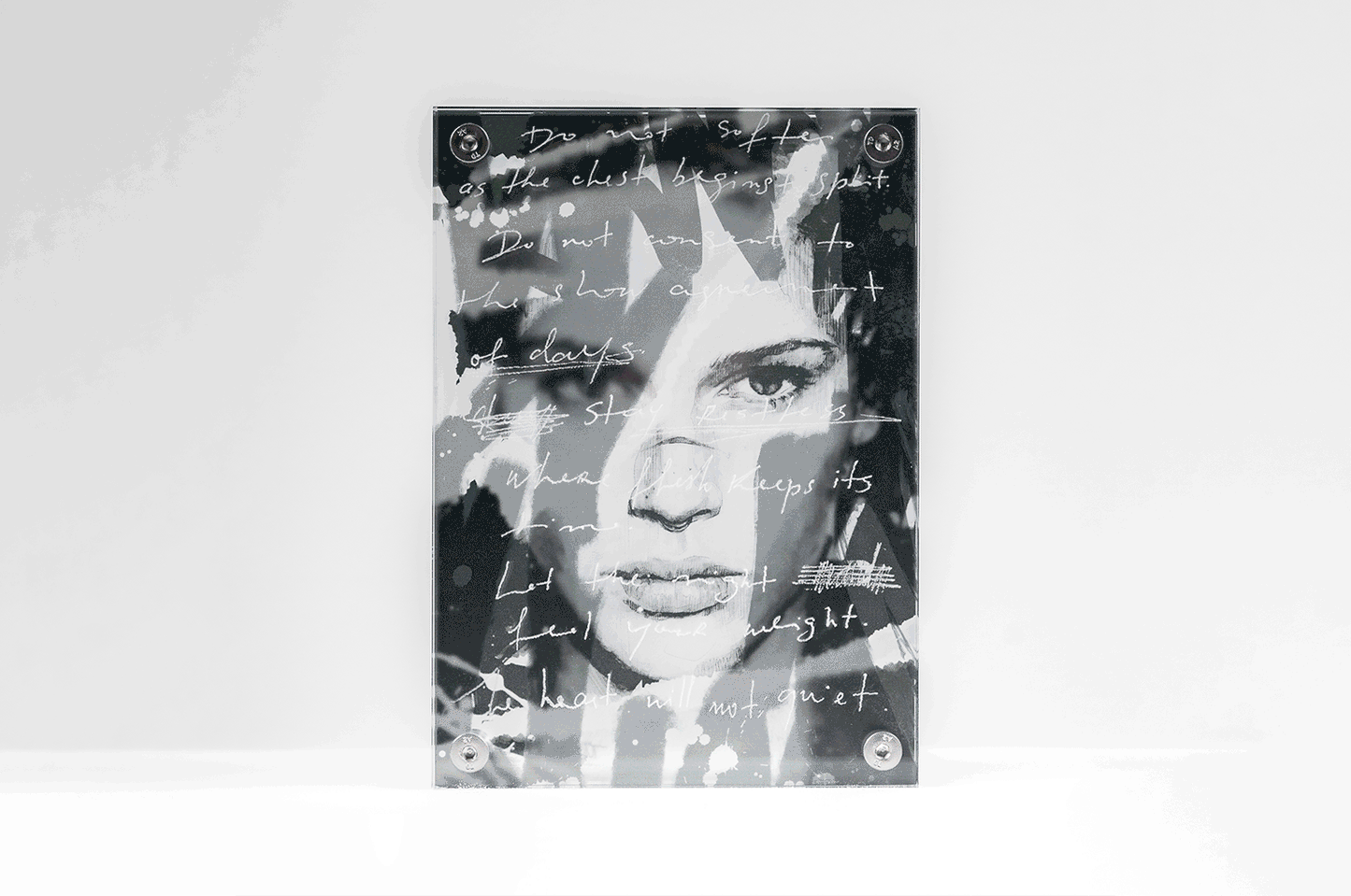 “Restless” acrylic block animated artwork front view with monochrome female portrait