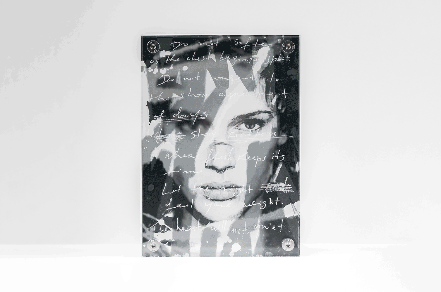 “Restless” acrylic block animated artwork front view with monochrome female portrait