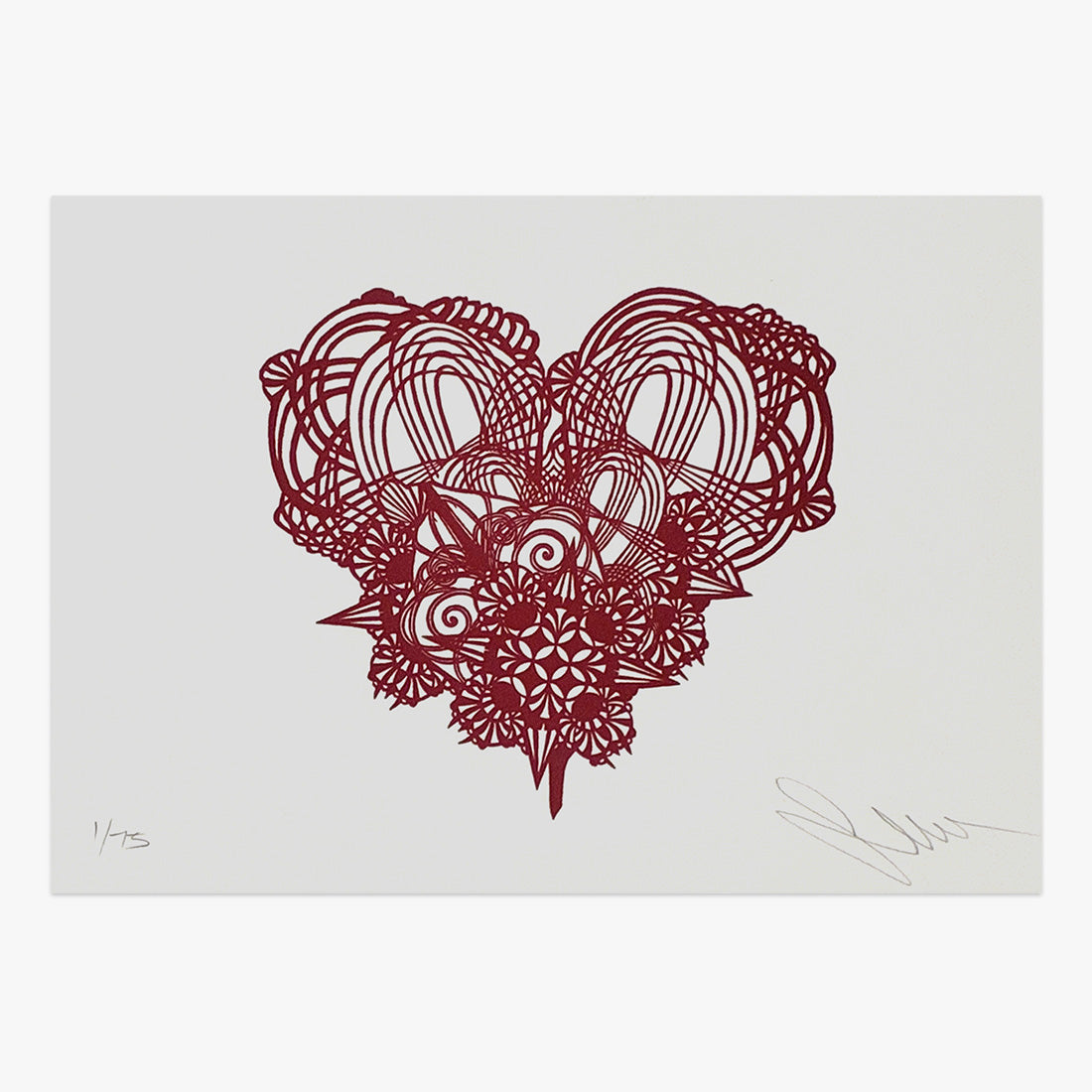 The Jaunt #063 by Swoon – letterpress print featuring intricate red lace-like heart motif on paper