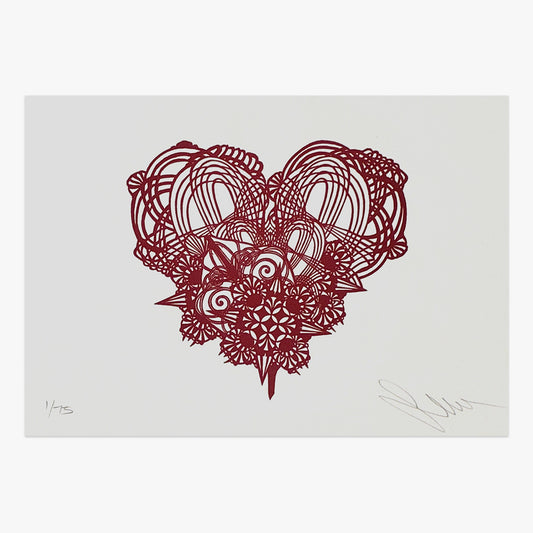 The Jaunt #063 by Swoon – letterpress print featuring intricate red lace-like heart motif on paper