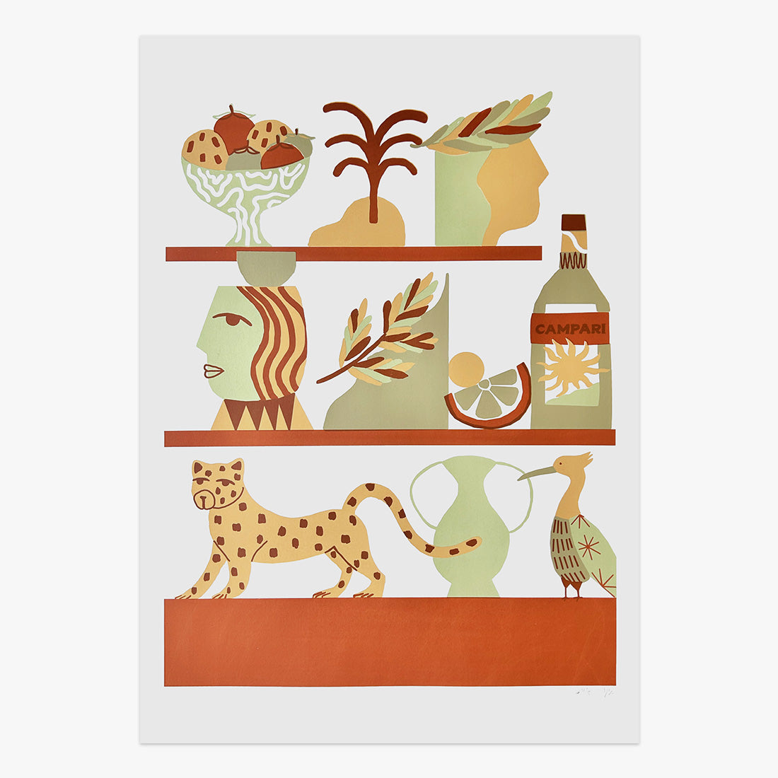 The Jaunt #096 limited edition three-colour screen print on paper by Madi, illustrated still life with shelves, plants, leopard and objects, Underdogs Gallery Lisbon, 2023