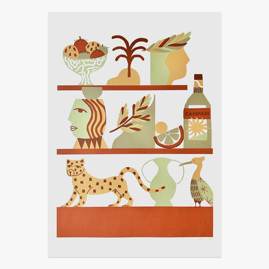 The Jaunt #096 limited edition three-colour screen print on paper by Madi, illustrated still life with shelves, plants, leopard and objects, Underdogs Gallery Lisbon, 2023