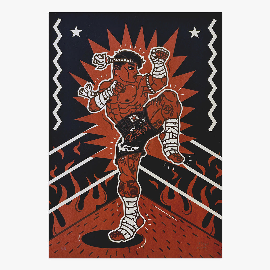 The Jaunt #098 limited edition three-colour screen print on paper by Karabo Poppy, dynamic boxer figure illustration in red and black tones, Underdogs Gallery Lisbon, 2023