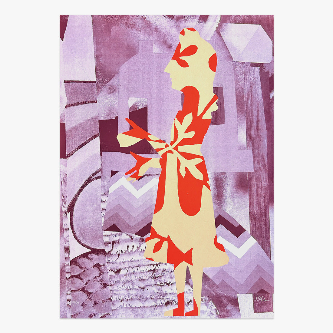 The Jaunt #099 limited edition three-colour screen print on paper by William LaChance, stylized female figure with floral motifs in pink and red tones, Underdogs Gallery Lisbon, 2023