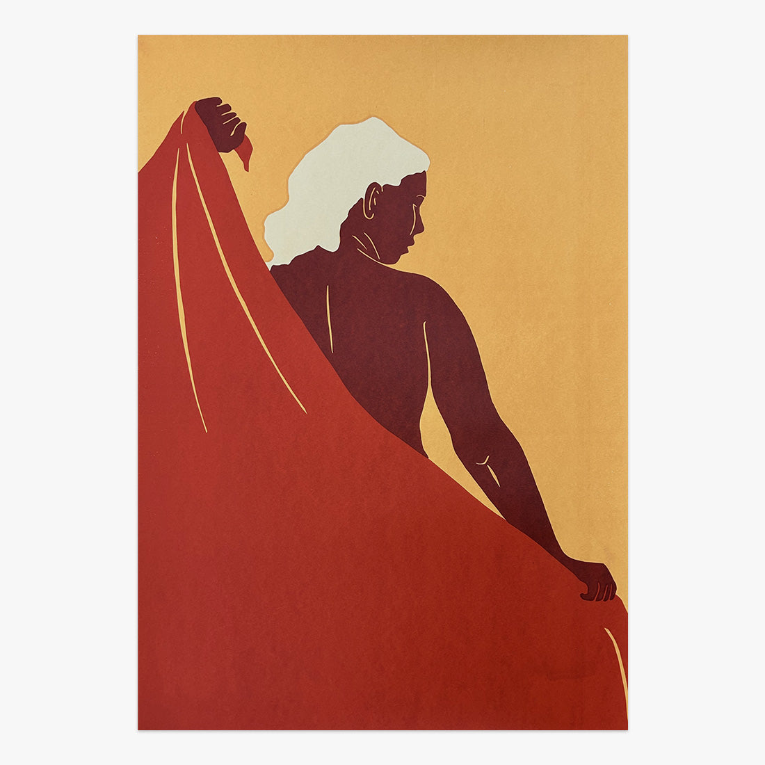 The Jaunt #103 limited edition three-colour screen print on paper by Ellena Lourens, minimalist figurative silhouette in warm red and yellow tones, Underdogs Gallery Lisbon, 2024