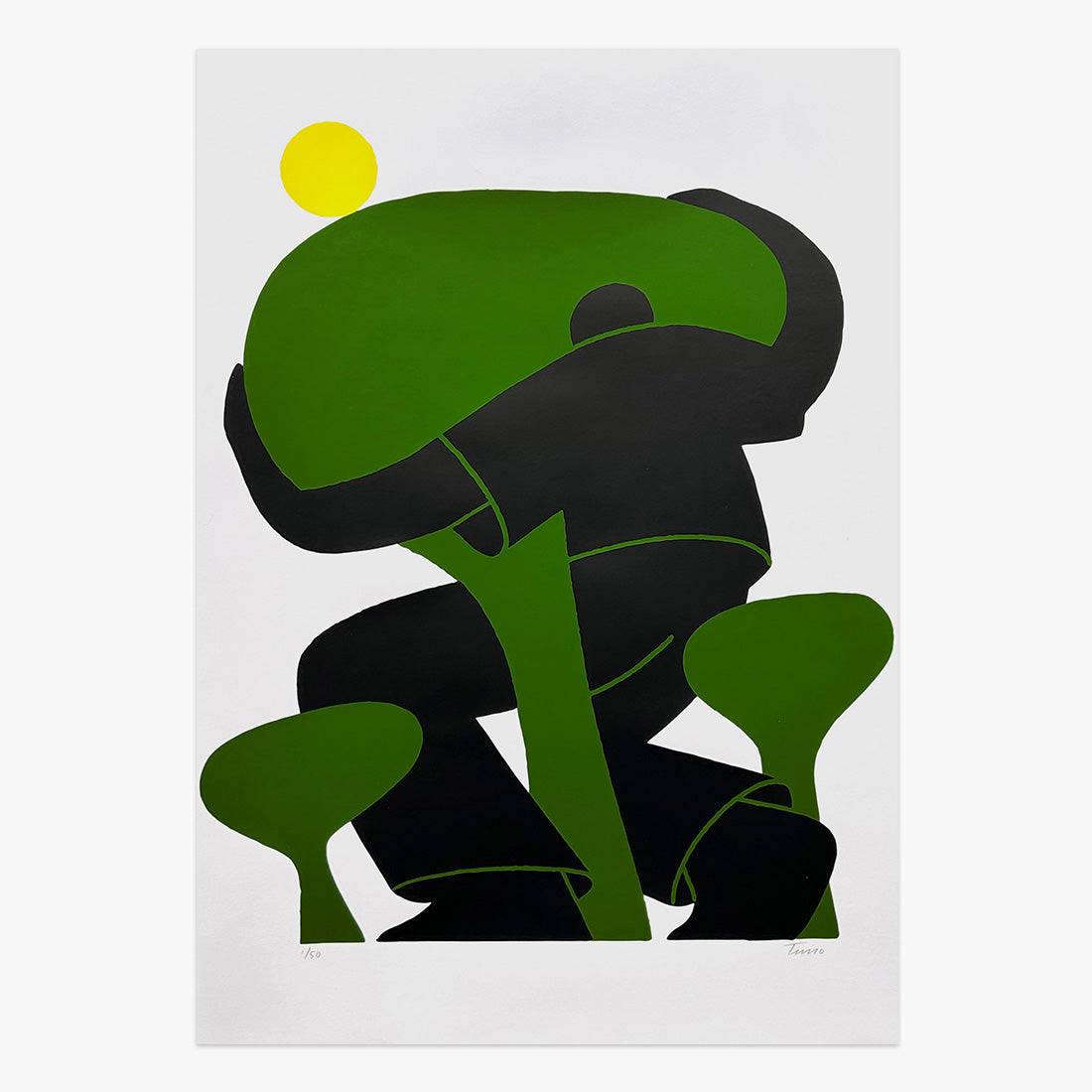 The Jaunt #107 limited edition three-colour screen print on paper by Timo Kuilder, abstract green organic forms with sun motif, Underdogs Gallery Lisbon, 2024