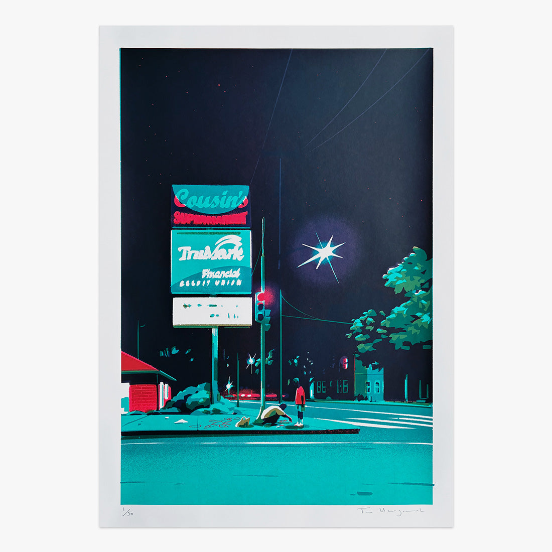 The Jaunt #111 limited edition three-colour screen print on paper by Tom Haugomat, nighttime urban scene with neon signage and street view, Underdogs Gallery Lisbon, 2024