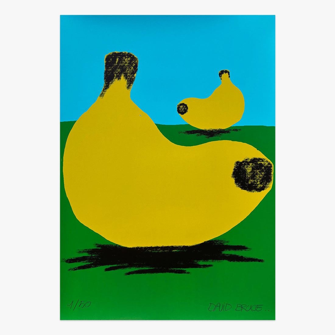 The Jaunt #114 limited edition three-colour screen print on paper by David Bruce, stylized yellow bird figure on green and blue background, Underdogs Gallery Lisbon, 2025