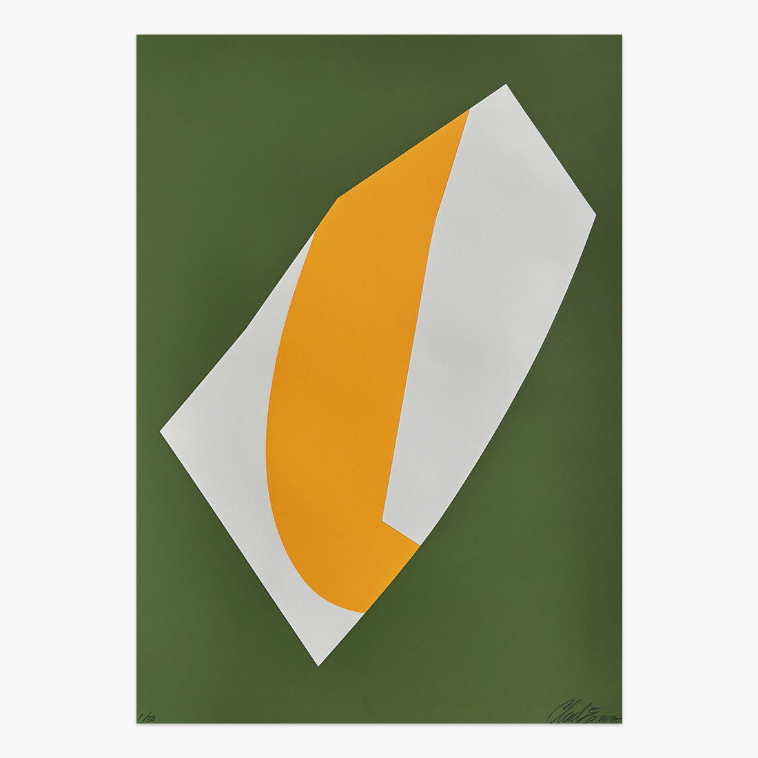 The Jaunt #115 limited edition three-colour screen print on paper by Charlie Edmiston, abstract geometric composition with orange and white forms on green background, Underdogs Gallery Lisbon, 2025