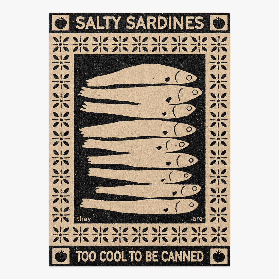 The Jaunt #119 limited edition screen print on paper by Tuyo, sardines illustration with “Salty Sardines” typography, Underdogs Gallery Lisbon, 2025