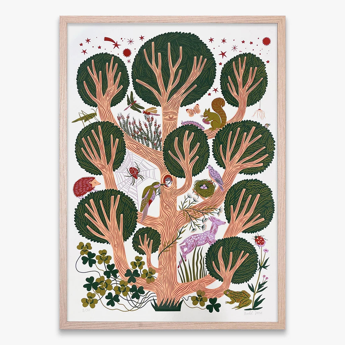 Close-up detail of The Jaunt in a Cabin #002 screen print showing illustrated trees and characters by Bodil Jane, Underdogs Gallery Lisbon