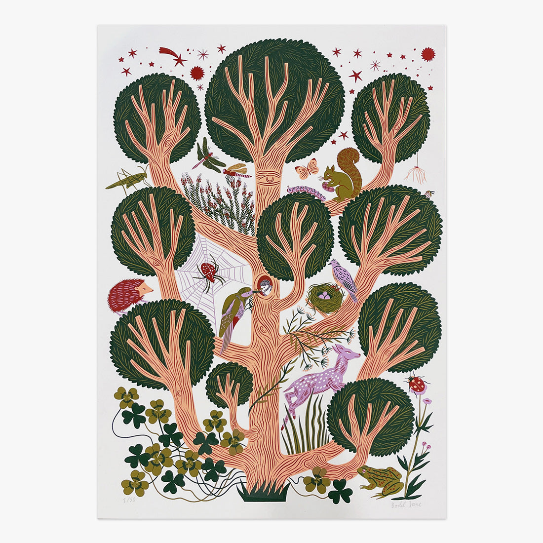 The Jaunt in a Cabin #002 limited edition two-colour screen print on paper by Bodil Jane, illustrated nature scene with trees and figures, Underdogs Gallery Lisbon