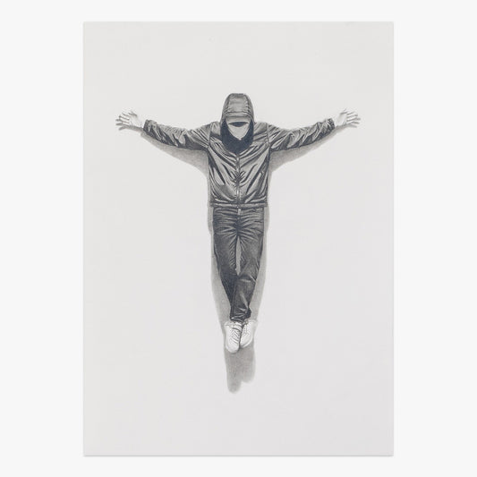 Nothing to Hide by Nuno Viegas, graphite artwork featuring a standing figure with outstretched arms at Underdogs Gallery