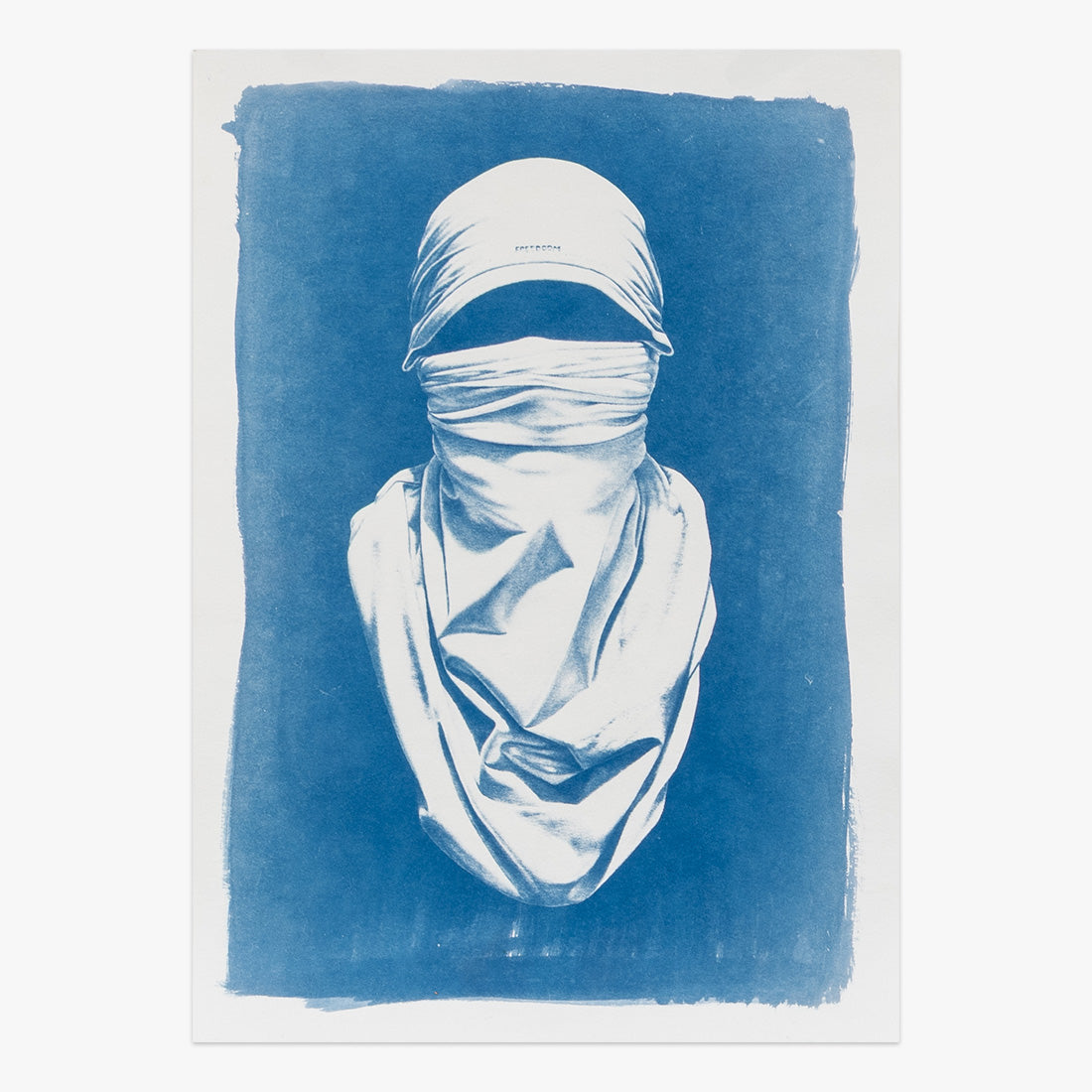 Shirt Mask x Freedom by Nuno Viegas, cyanotype portrait print on paper featuring a wrapped figure in monochromatic blue tones at Underdogs Gallery