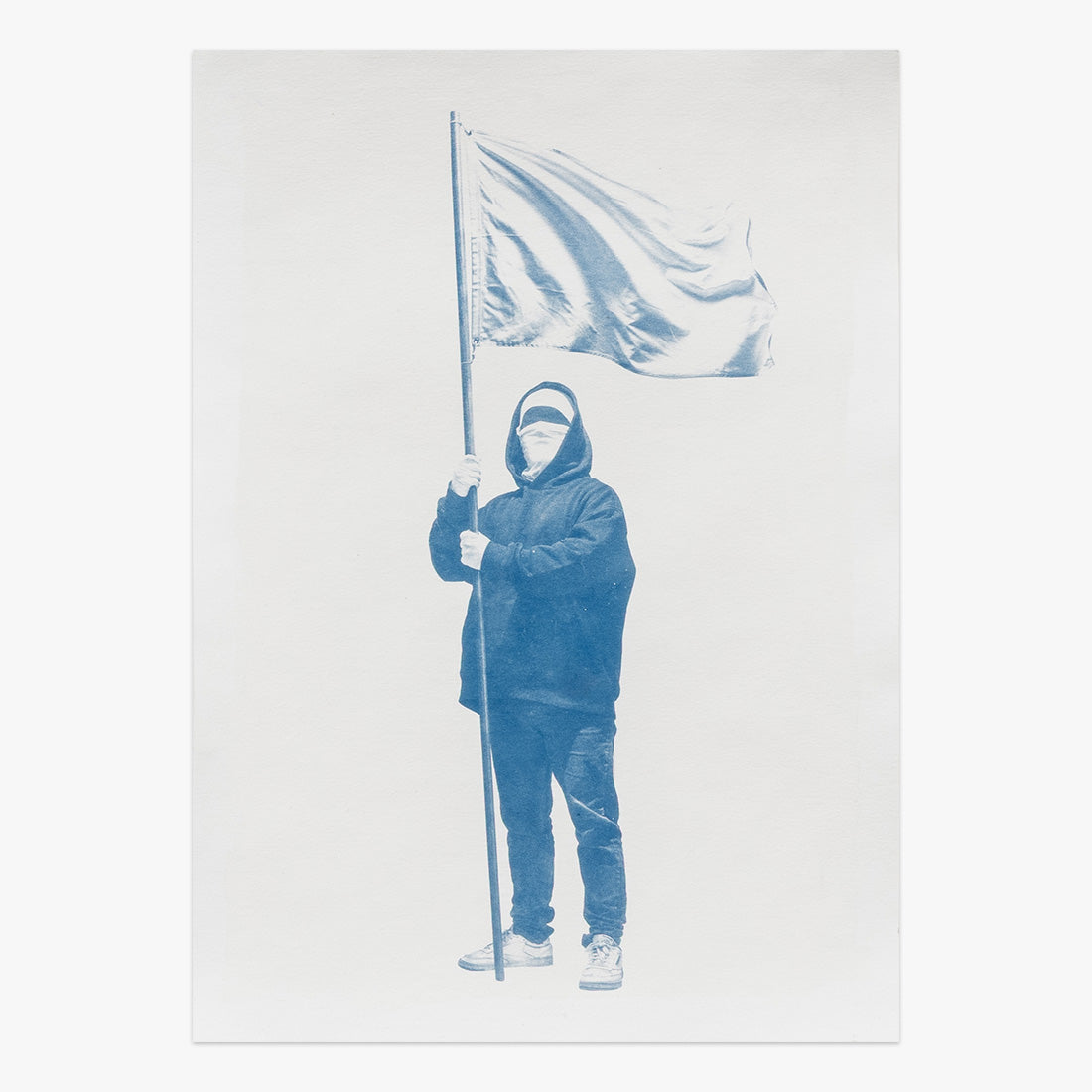 Writer x White Flag by Nuno Viegas, cyanotype print featuring a figure holding a white flag at Underdogs Gallery