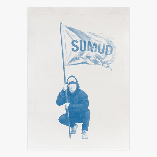 Writer x Sumud Flag by Nuno Viegas, cyanotype print on paper featuring a masked figure holding a Sumud flag in monochromatic blue tones at Underdogs Gallery