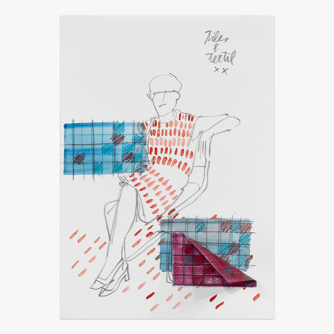 tex tile tex tile tex #04 by Pedrita Studio at Underdogs Gallery, a unique mixed-media artwork featuring a seated illustrated figure and geometric textile-inspired patterns on paper