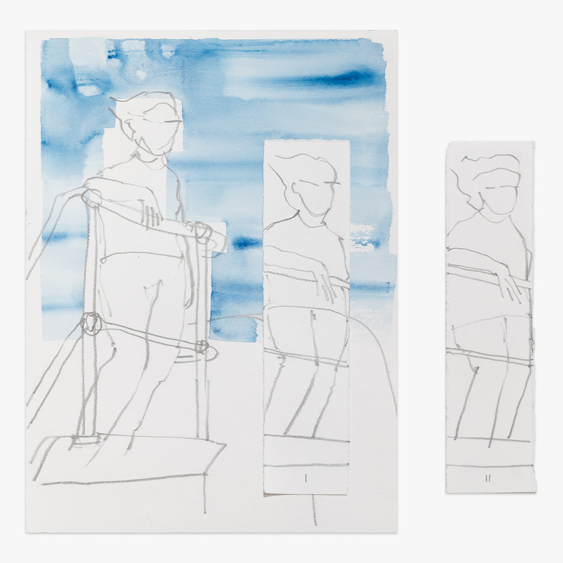 FOTOCÓPIA 390 - R. Formosa - 392 PORTO by Pedrita Studio at Underdogs Gallery, a unique mixed-media artwork featuring minimalist sketched figures and soft blue watercolour backgrounds on paper