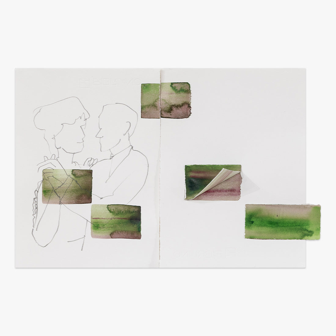 Rossini, 12/7/963 by Pedrita Studio at Underdogs Gallery, a unique mixed-media artwork on paper featuring minimalist line-drawn figures with layered green and pink abstract watercolour compositions