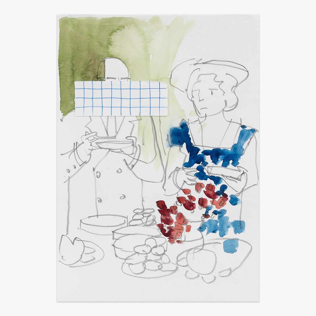 "Record" #37 by Pedrita Studio at Underdogs Gallery, a unique mixed-media artwork on paper featuring sketch-like seated figures with blue and red abstract watercolour details and green architectural background elements