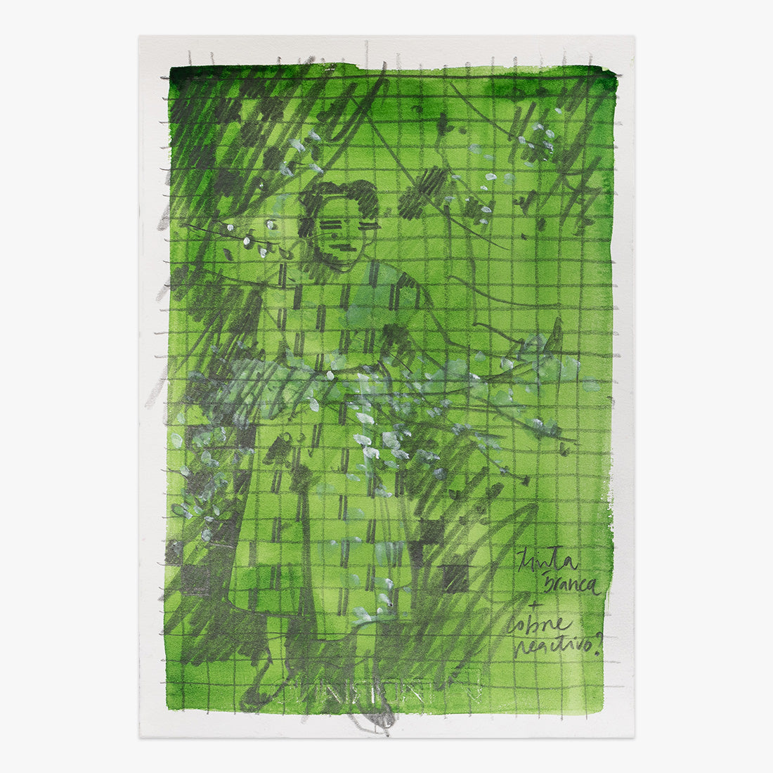 Ana Maria Laurissilva by Pedrita Studio at Underdogs Gallery, a unique mixed-media artwork on paper featuring a layered figurative composition in vivid green tones with grid patterns, expressive marks, and sketch-like details