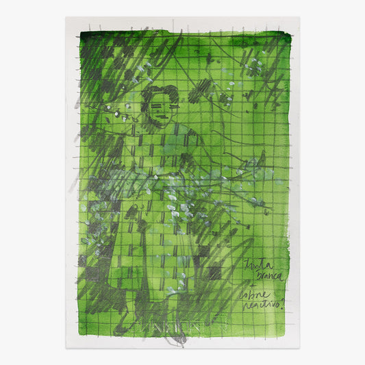 Ana Maria Laurissilva by Pedrita Studio at Underdogs Gallery, a unique mixed-media artwork on paper featuring a layered figurative composition in vivid green tones with grid patterns, expressive marks, and sketch-like details